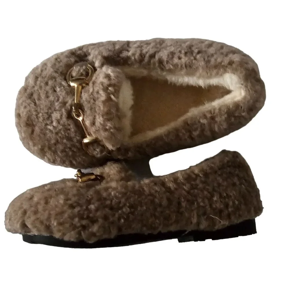 CVOI'S Kids Girls Khaki Warm Faux Shearling Loafers Winter Flat‎ Shoes Size 23
